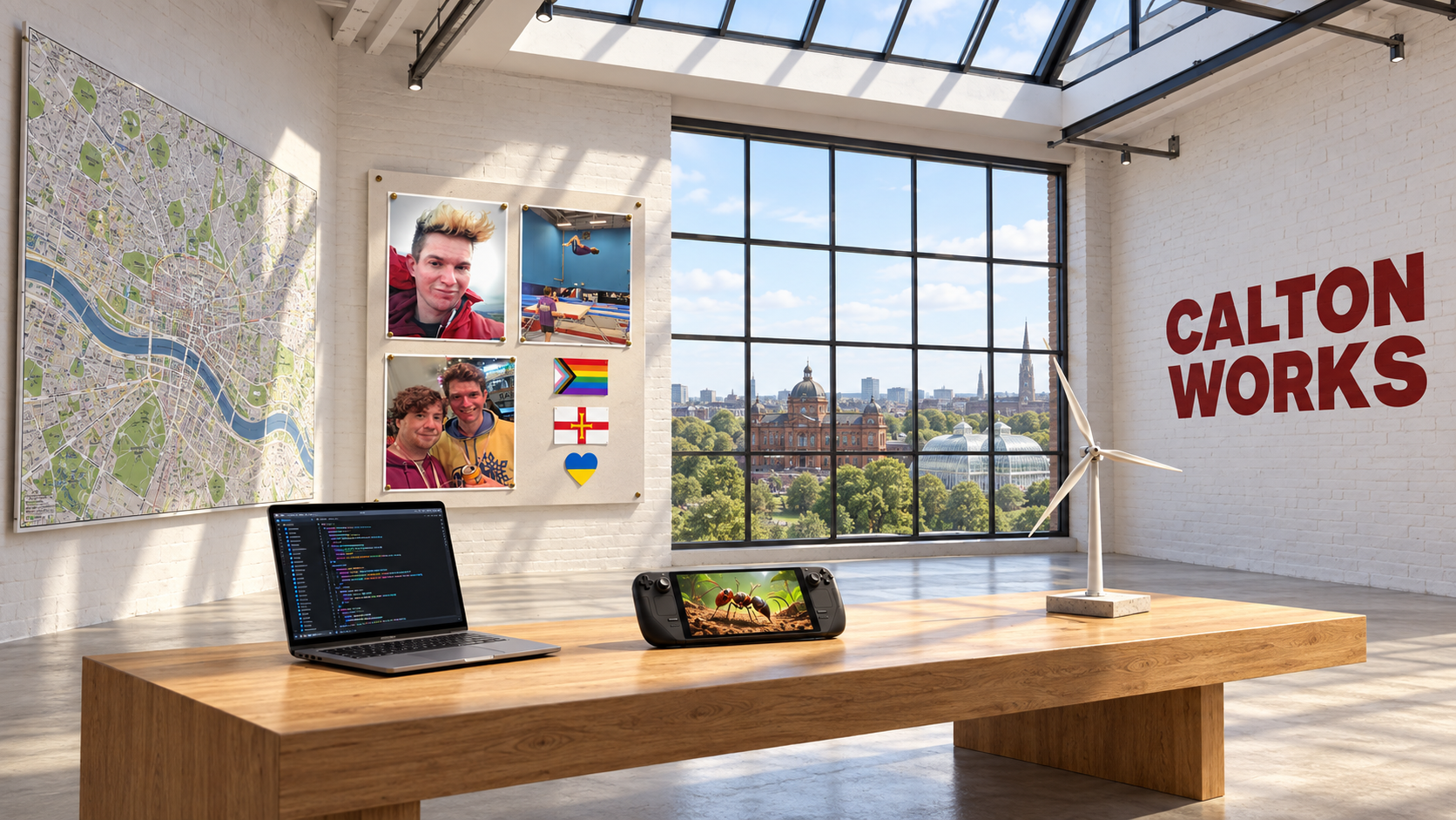 A bright studio overlooking Glasgow Green, with a map, personal photos, computers, a wind turbine model and Calton Works lettering.